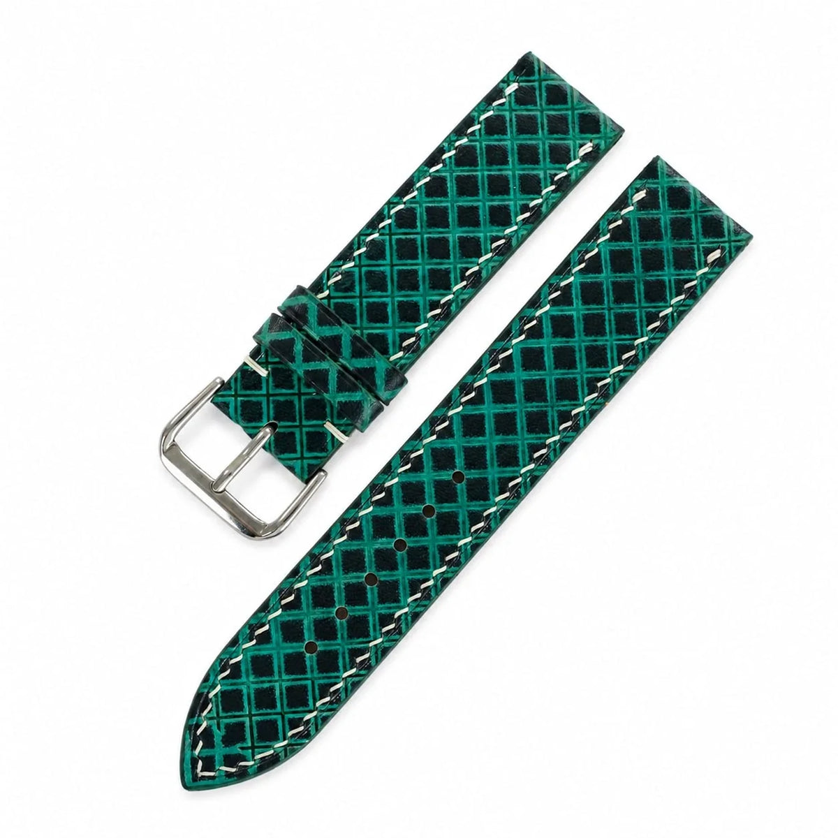 Hand Tooled Emerald Green Lattice Patina Leather Watch Strap - Handmade