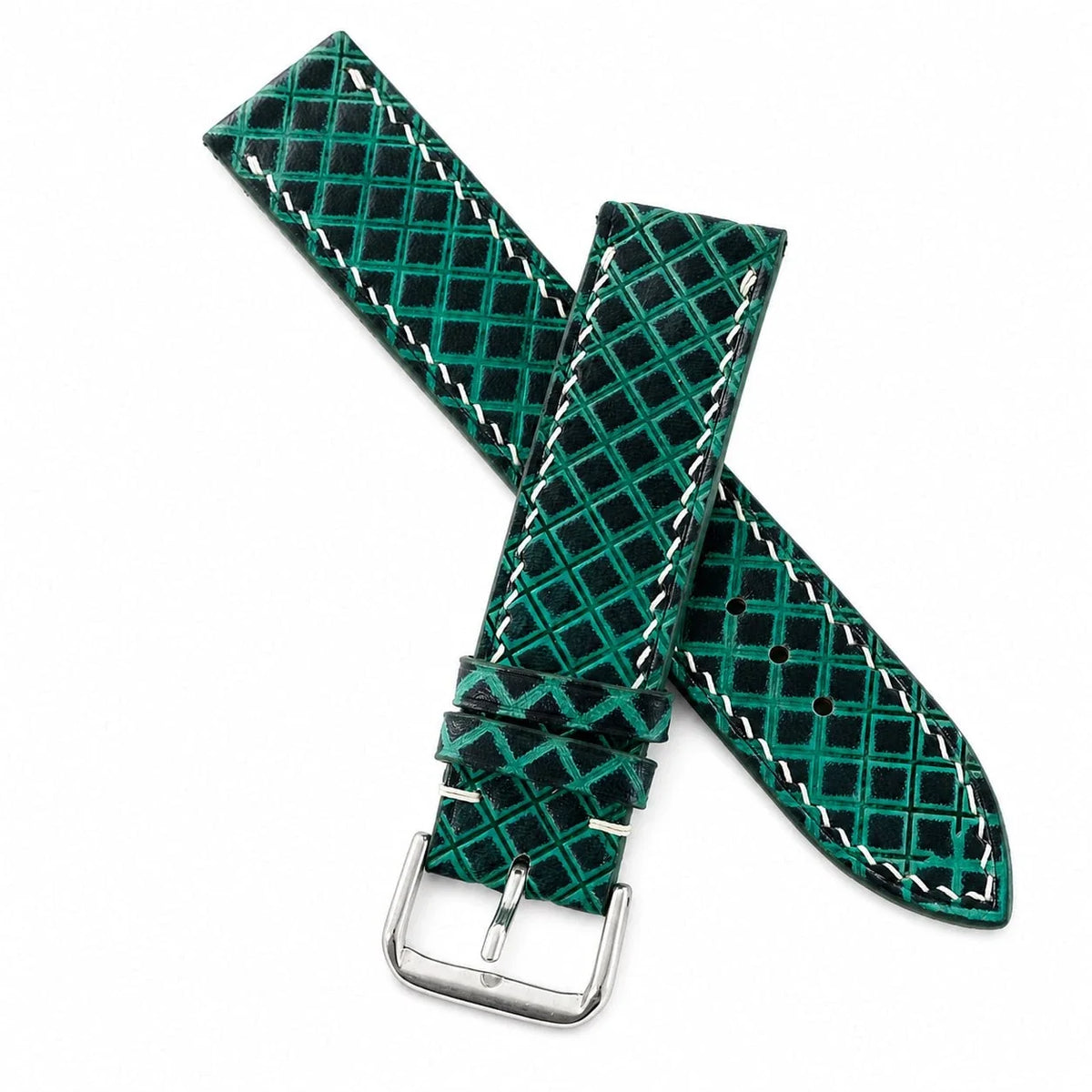 Hand Tooled Emerald Green Lattice Patina Leather Watch Strap - Handmade