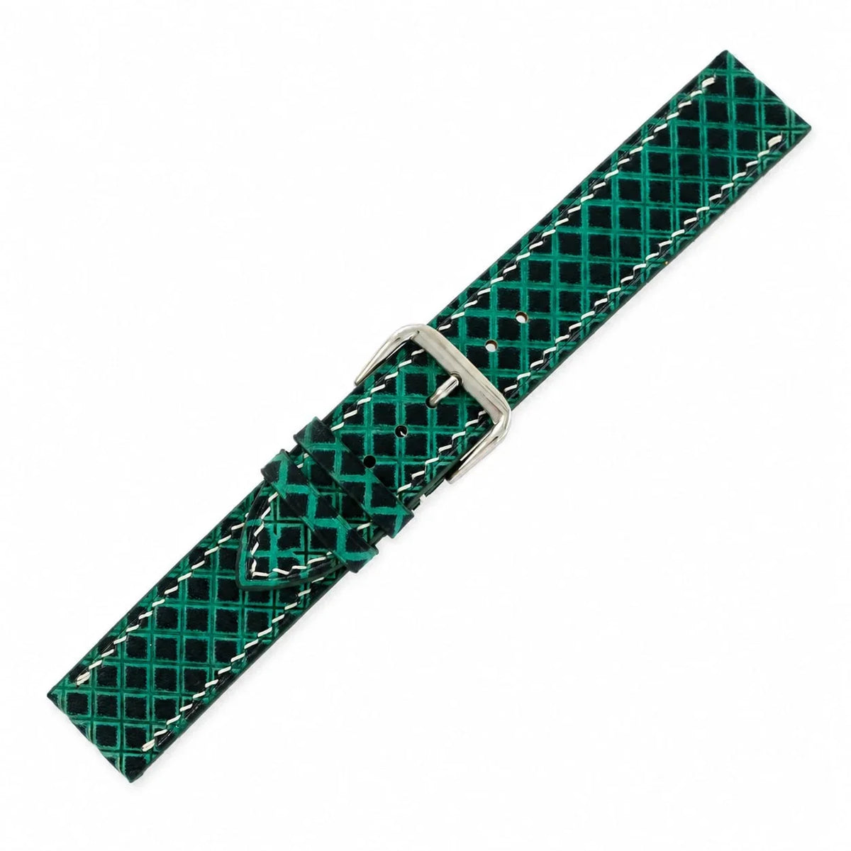 Hand Tooled Emerald Green Lattice Patina Leather Watch Strap - Handmade