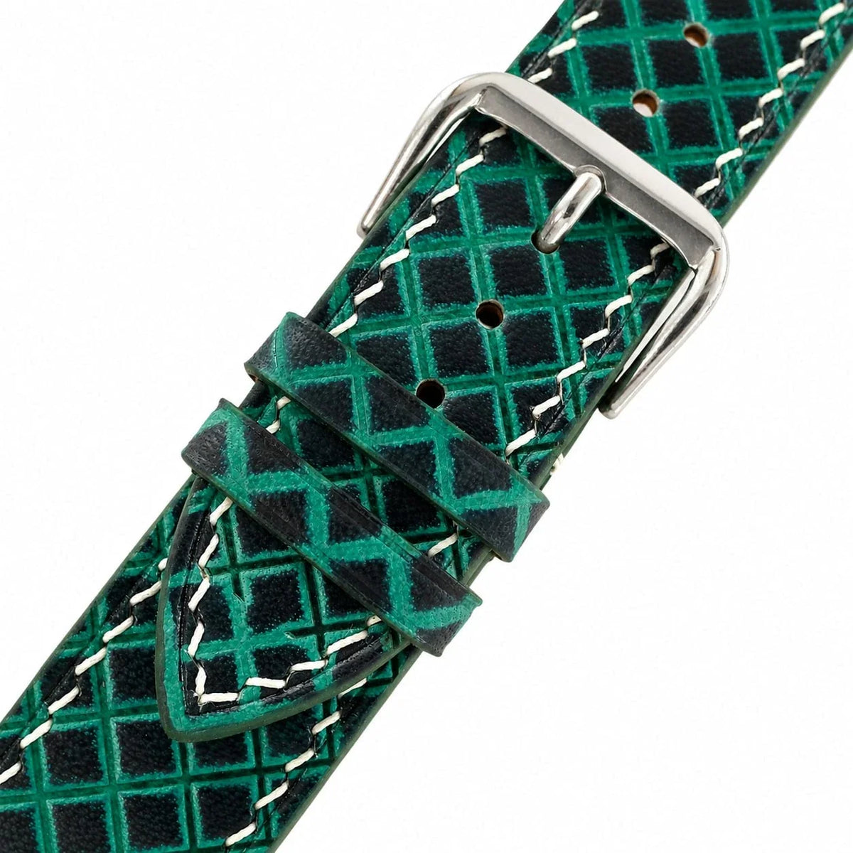 Hand Tooled Emerald Green Lattice Patina Leather Watch Strap - Handmade
