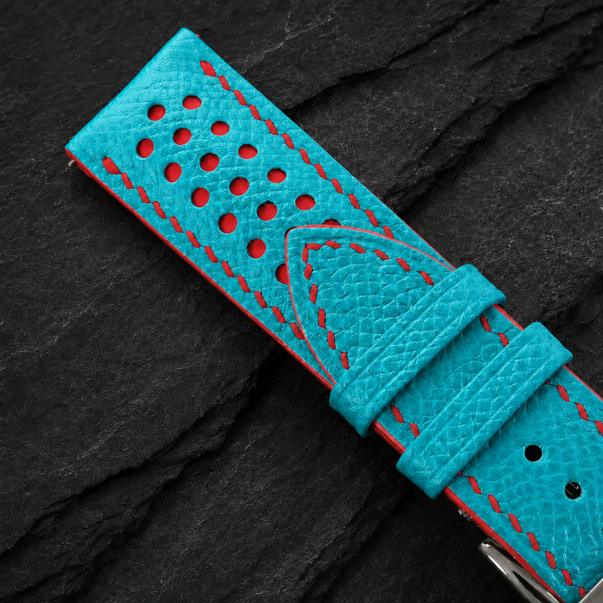 Turquoise And Red Small Racing Epsom Leather Watch Strap - Handmade
