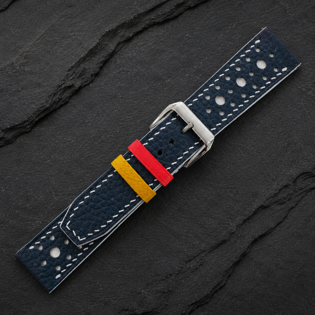Navy And White Large Racing Togo Leather Watch Strap - Handmade