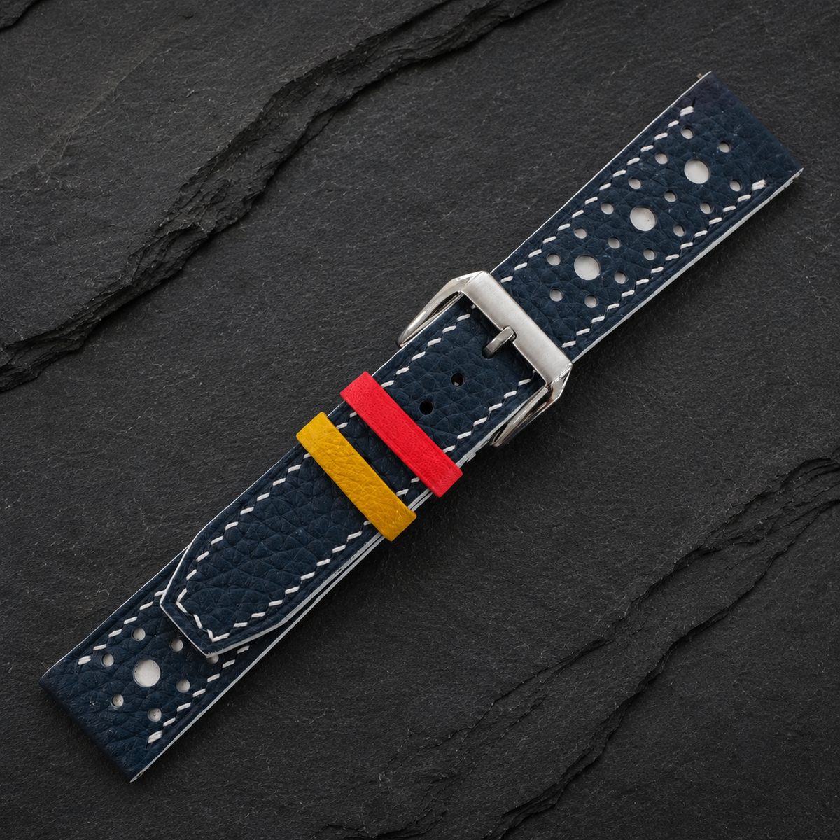 Navy And White Large Racing Togo Leather Watch Strap - Handmade