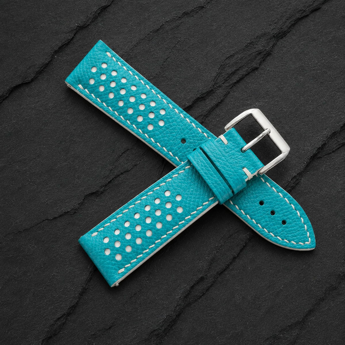 Turquoise And White Small Racing Epsom Leather Watch Strap - Handmade