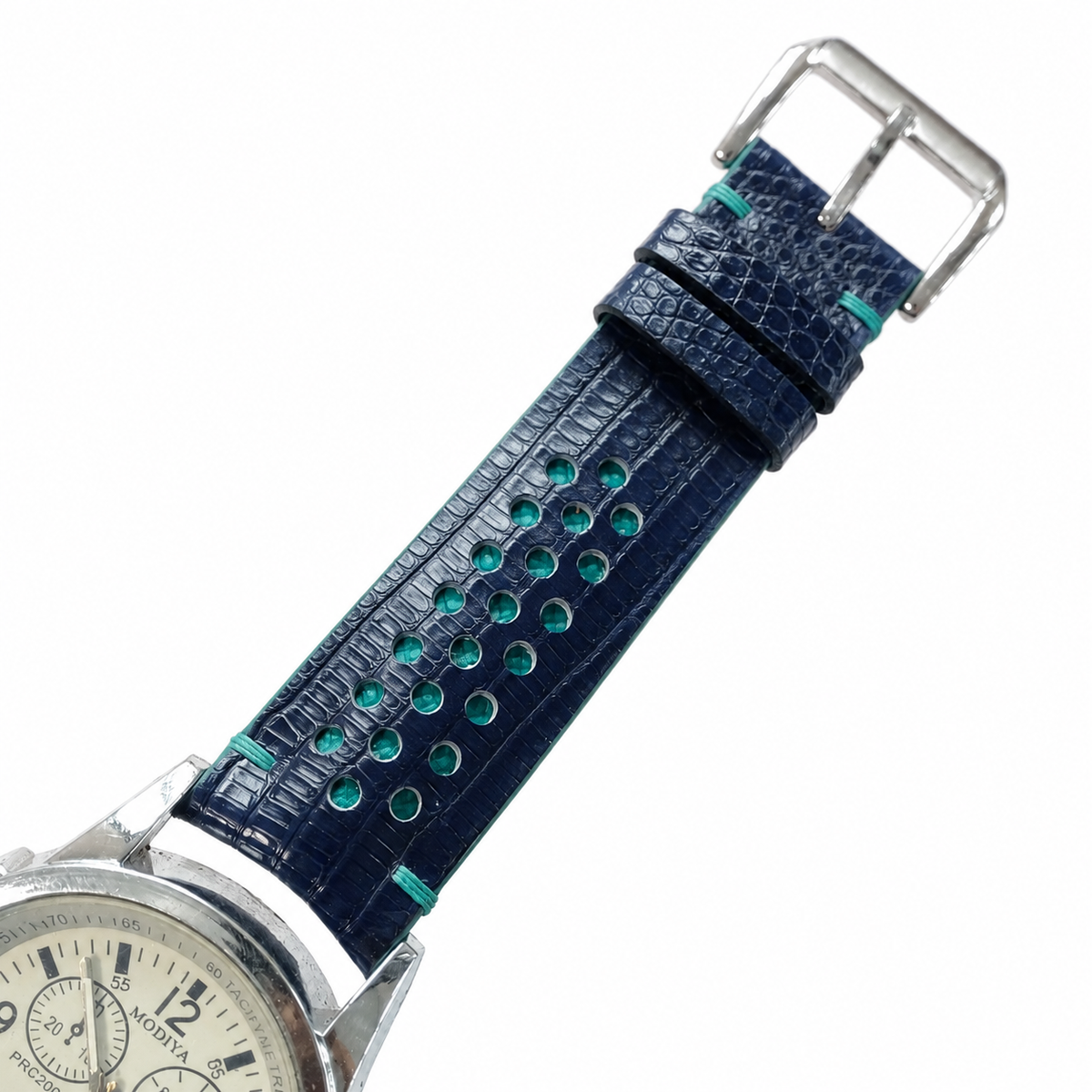 Navy And Turquoise Racing Lizard Leather Watch Strap - Handmade