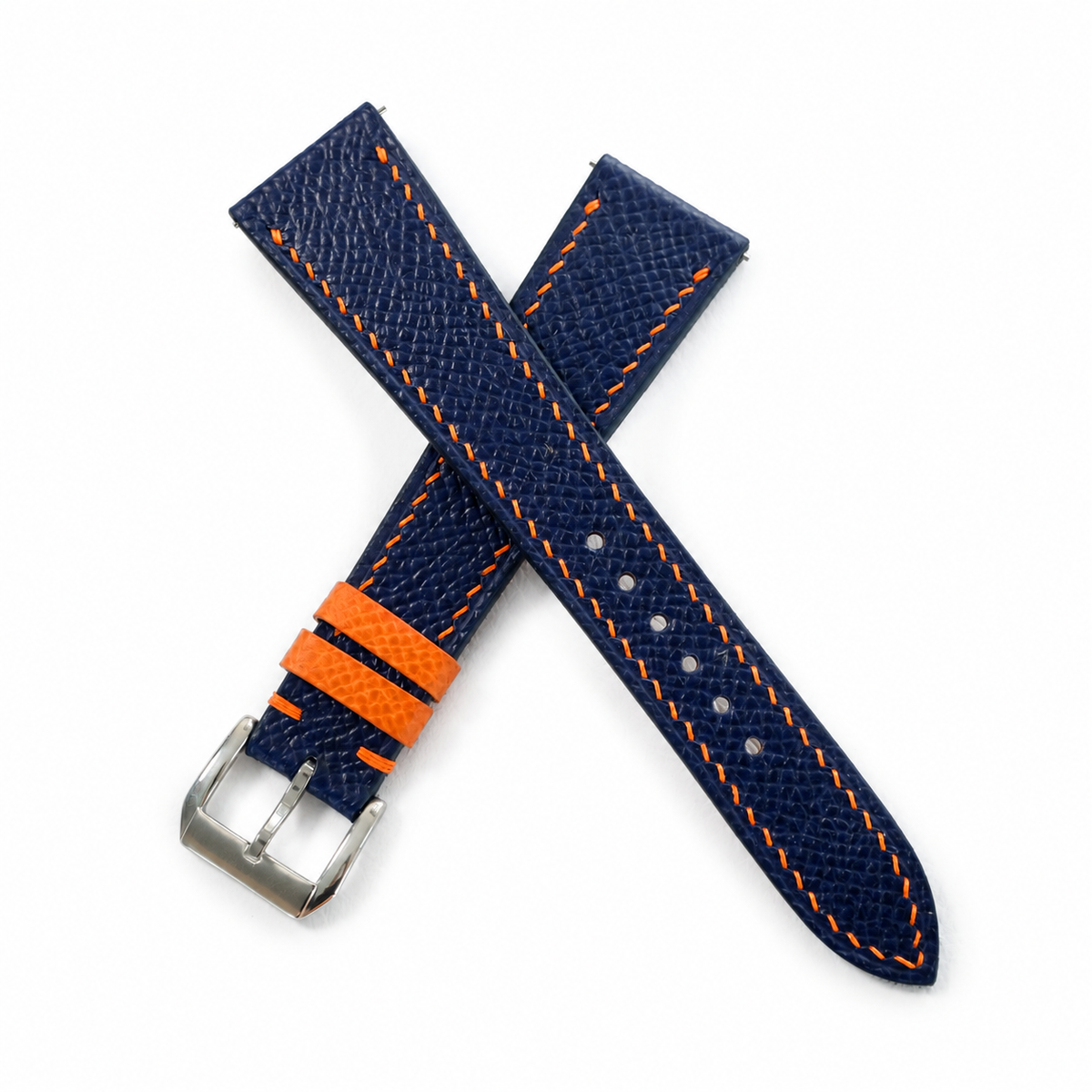 Navy Orange Epsom Leather Watch Strap - Handmade