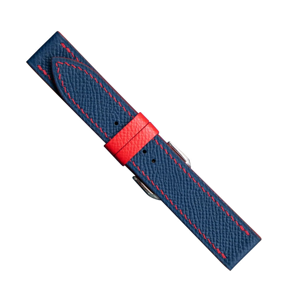 Navy Red Epsom Leather Watch Strap - Handmade