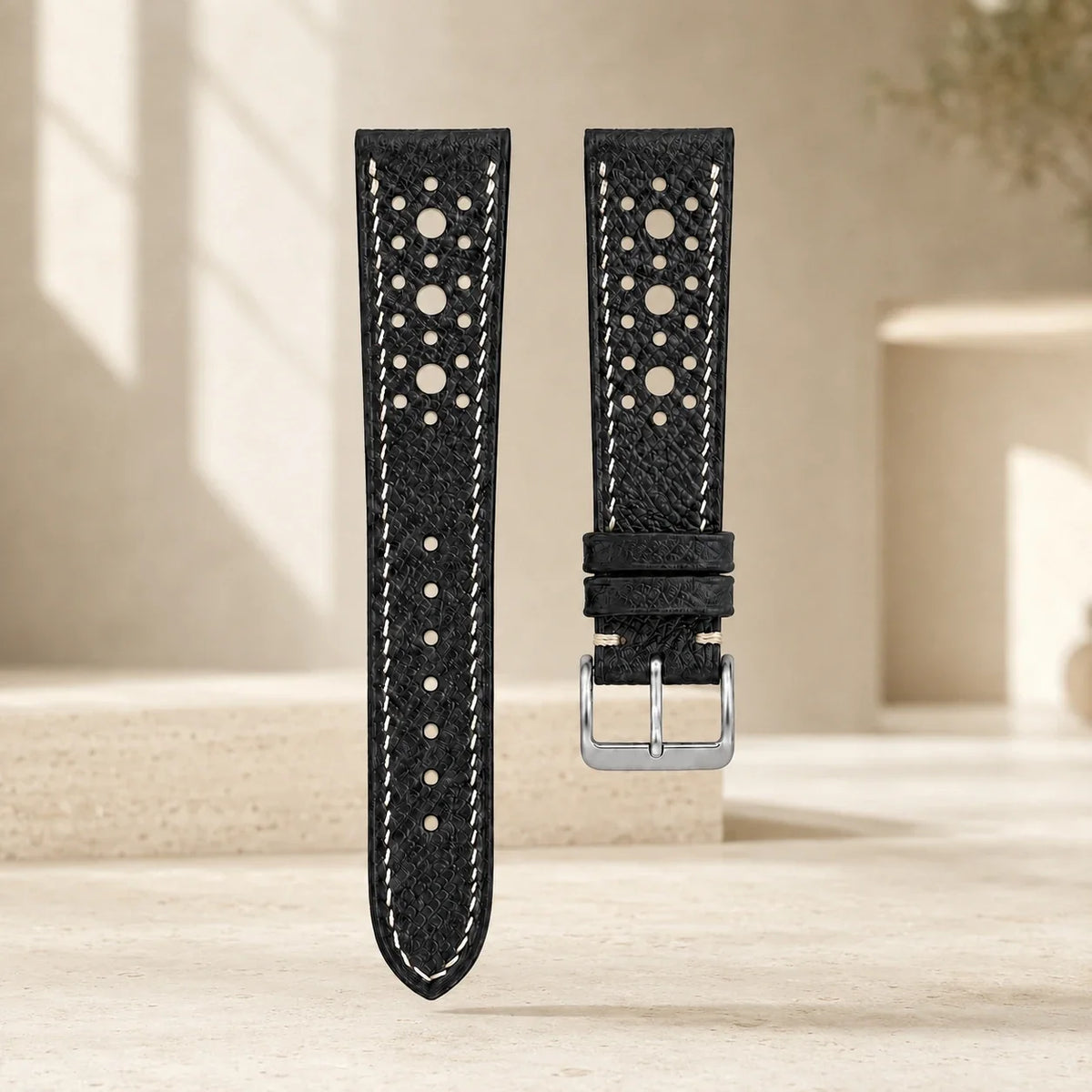 Large Black Racing Epsom Leather Watch Strap - Handmade