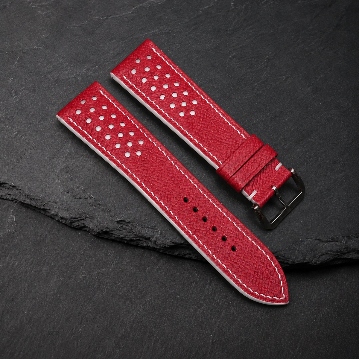 Red And White Small Racing Epsom Leather Watch Strap - Handmade