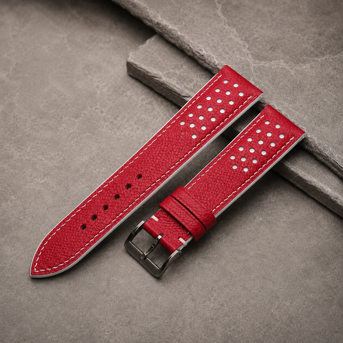 Red And White Small Racing Epsom Leather Watch Strap - Handmade