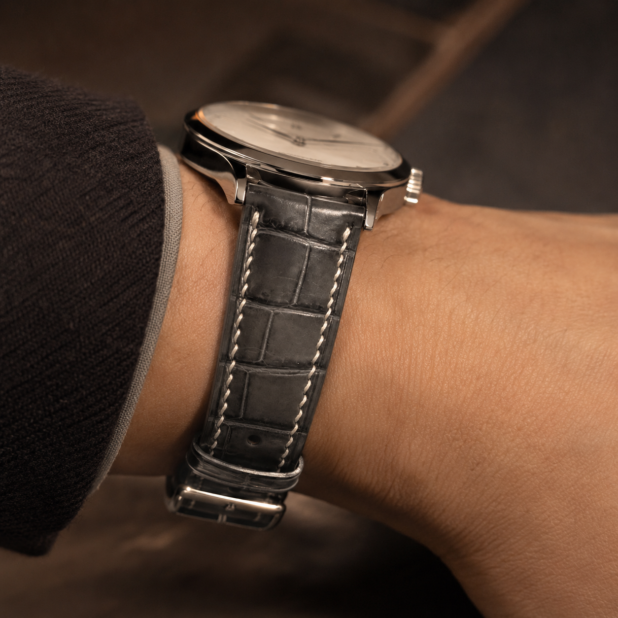 Grey Alligator Leather Watch Strap - Handmade Quick Release Band