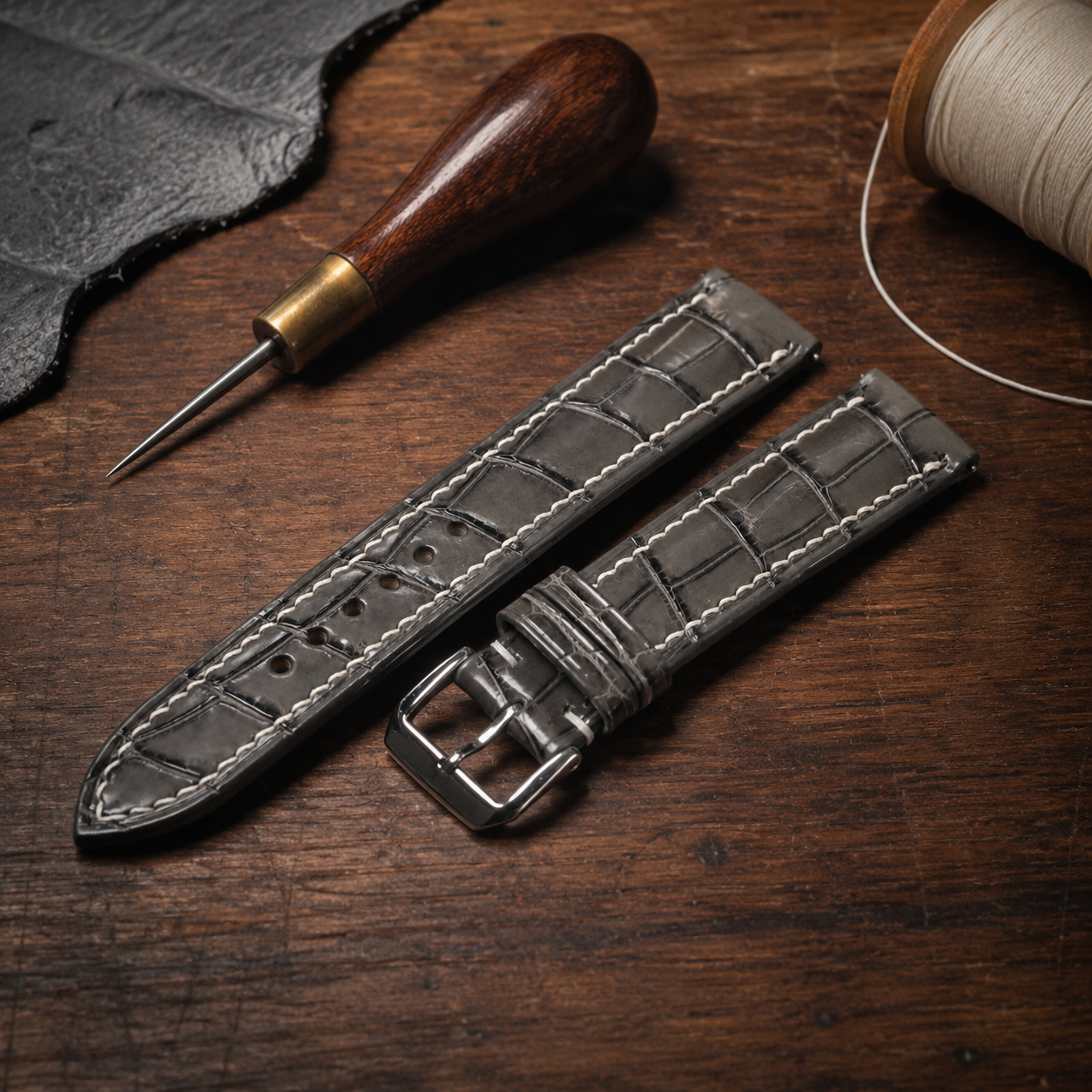 Grey Alligator Leather Watch Strap - Handmade Quick Release Band