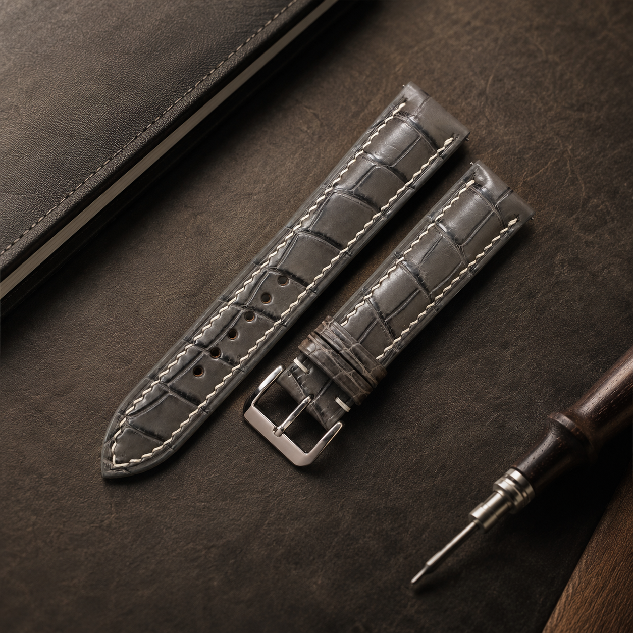 Grey Alligator Leather Watch Strap - Handmade Quick Release Band