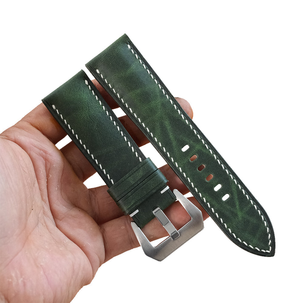 Green Waxed Leather Watch Strap - Handmade Quick Release Band