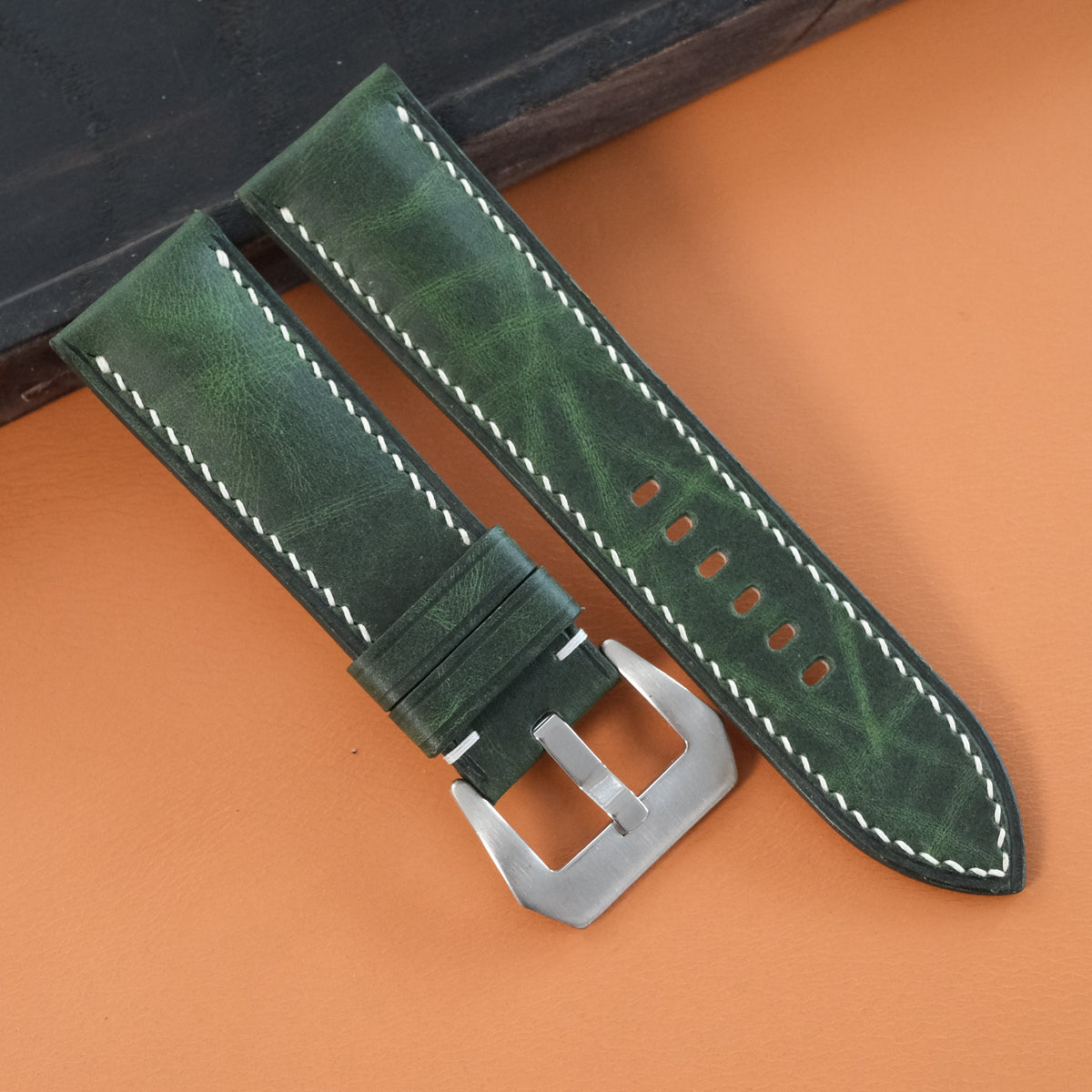 Green Waxed Leather Watch Strap - Handmade