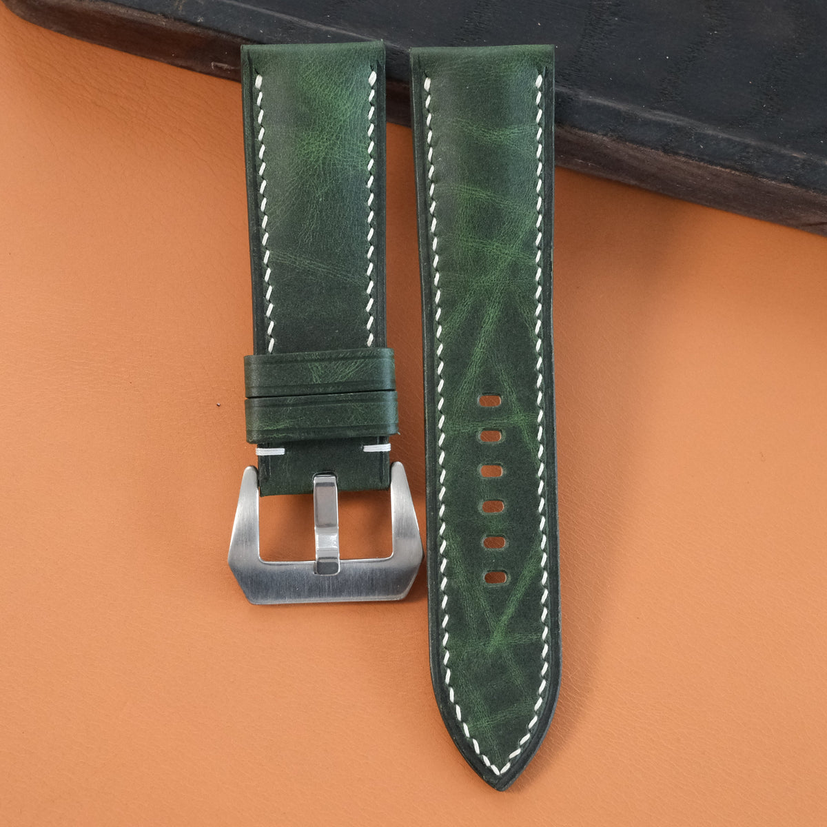 Green Waxed Leather Watch Strap - Handmade