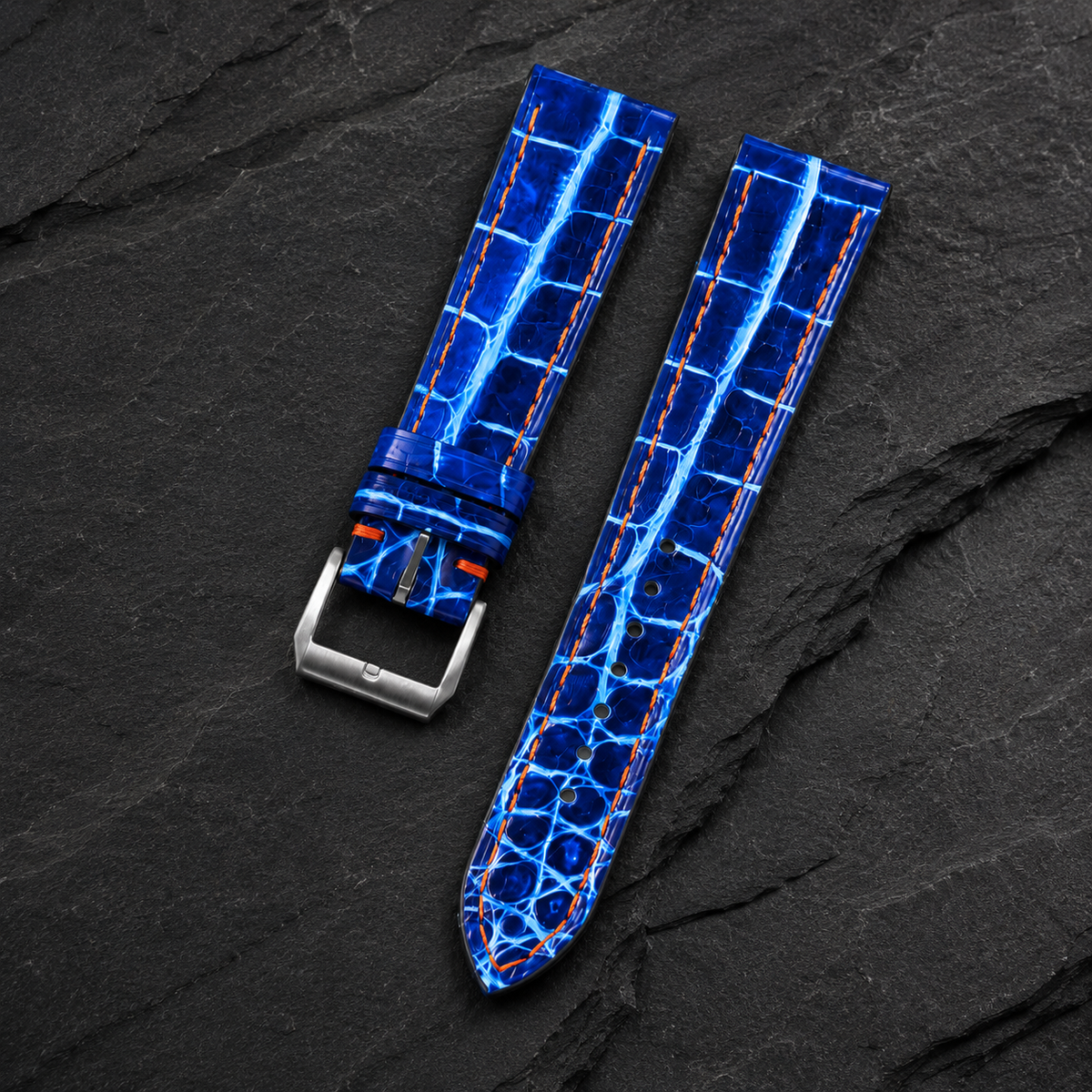 Blue White Alligator Leather Watch Strap - Handmade