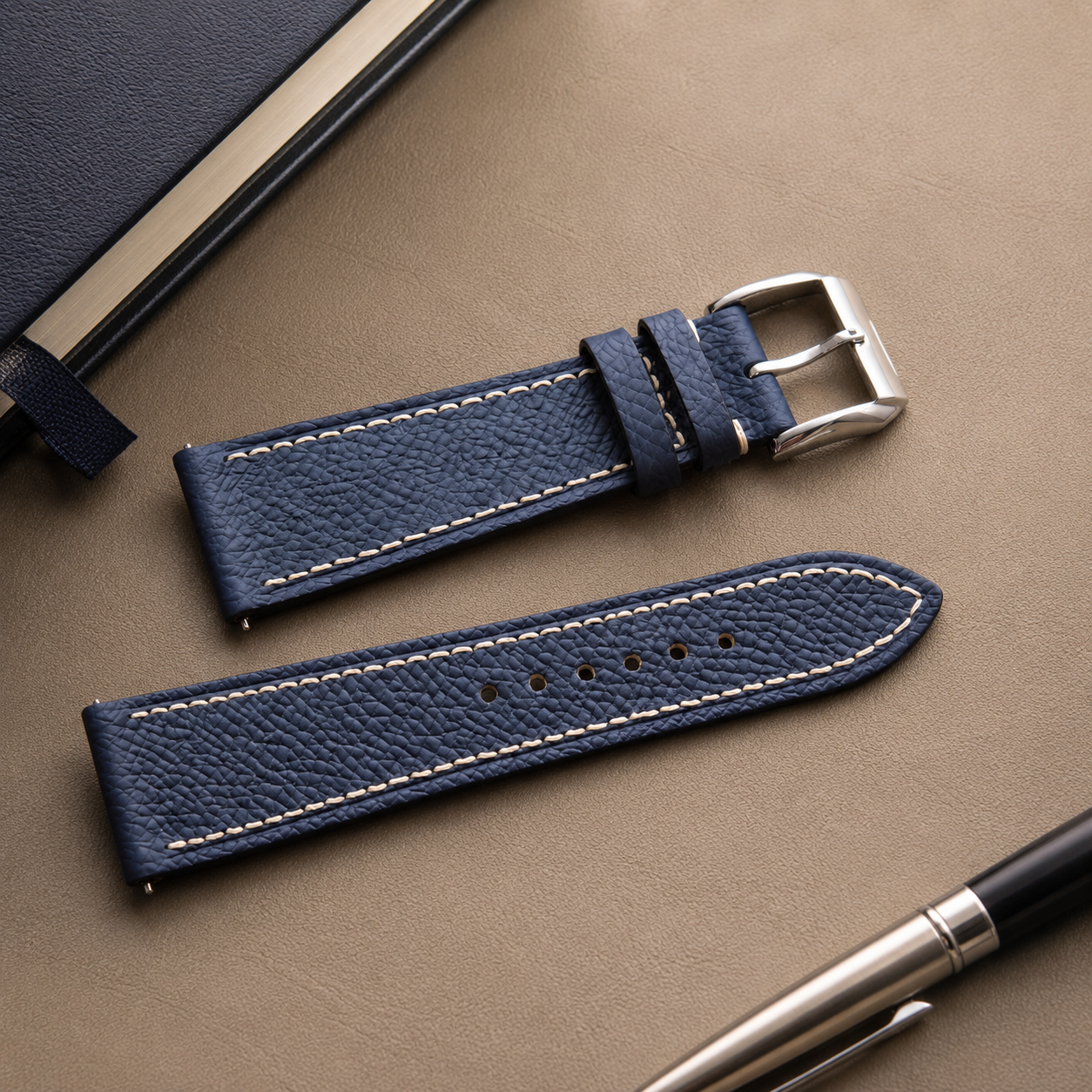 Navy Epsom Leather Watch Strap - Handmade Quick Release Band