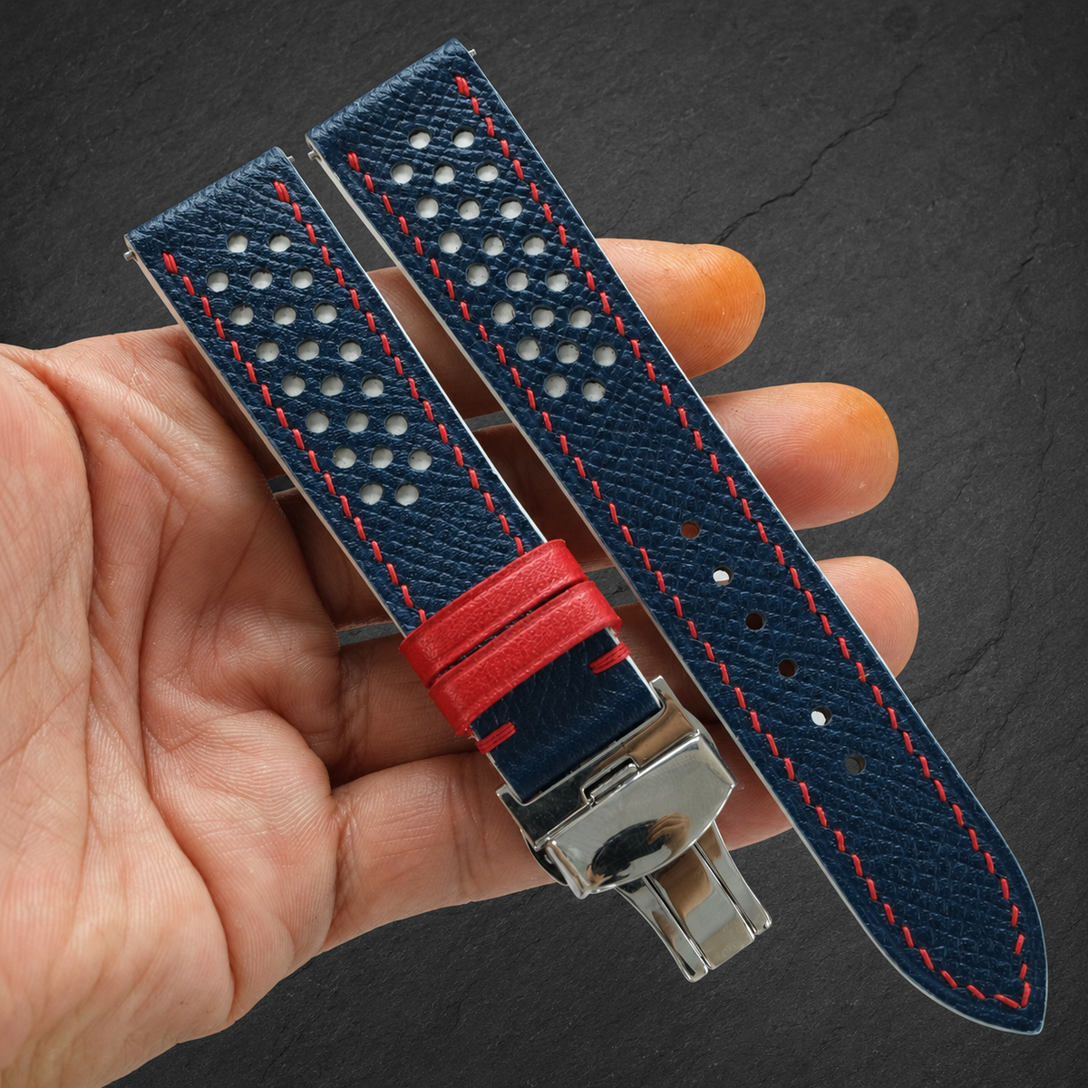 Navy And White Epsom Leather Watch Strap - Handmade