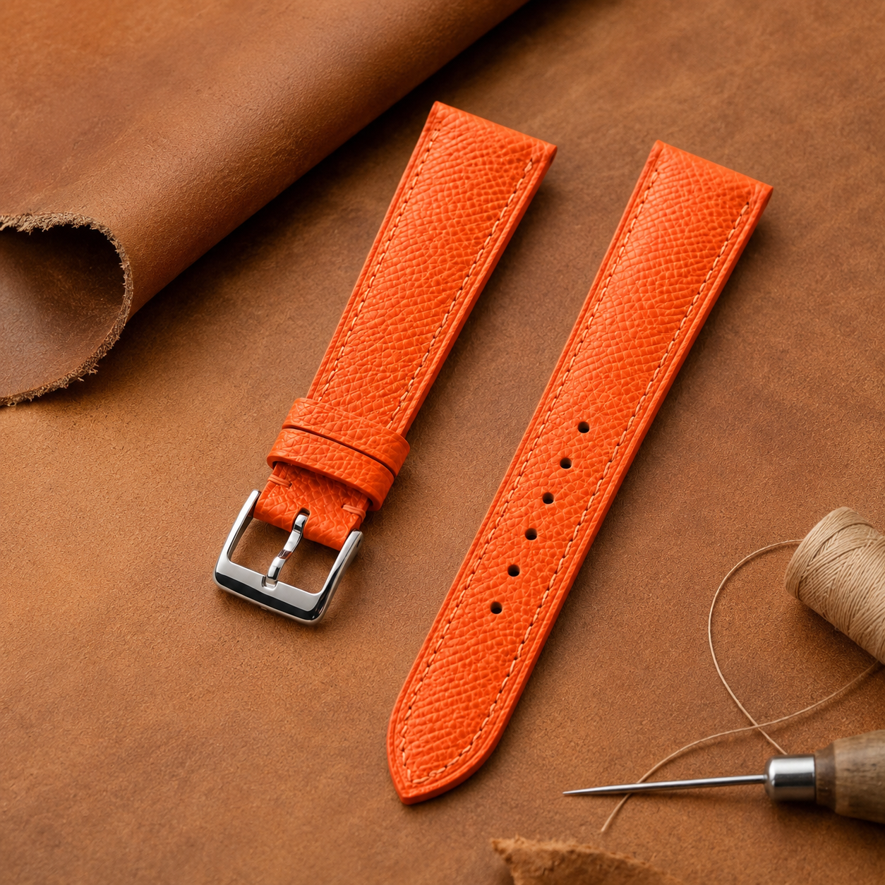 Orange Epsom Leather Watch Strap - Handmade Quick Release Band