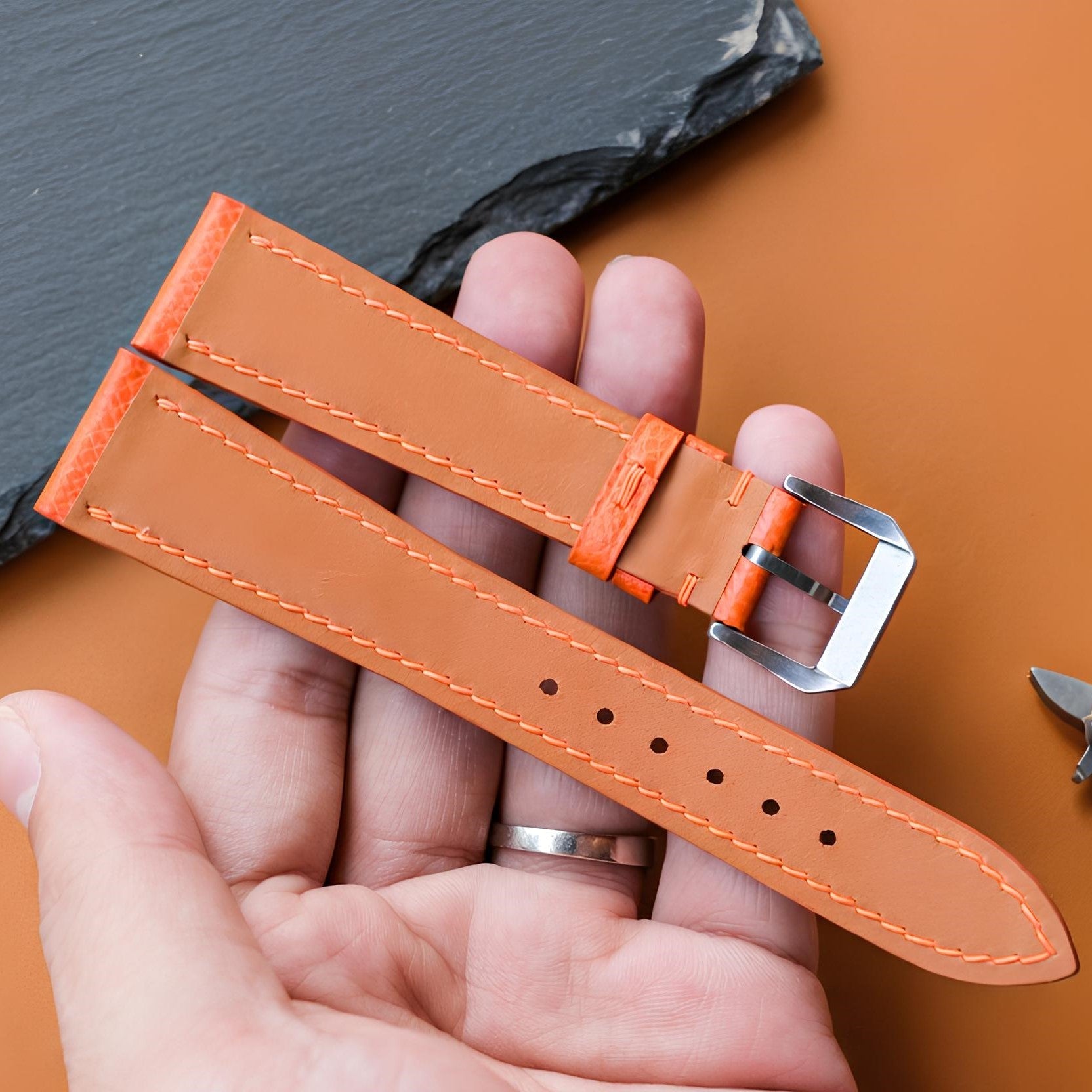 Orange Epsom Leather Watch Strap - Handmade Quick Release Band