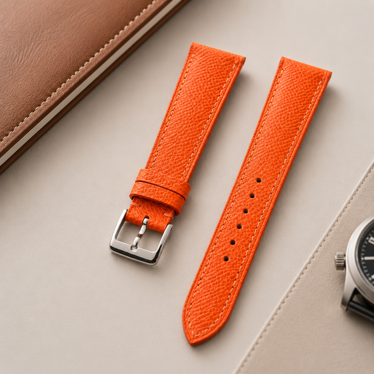 Orange Epsom Leather Watch Strap - Handmade Quick Release Band