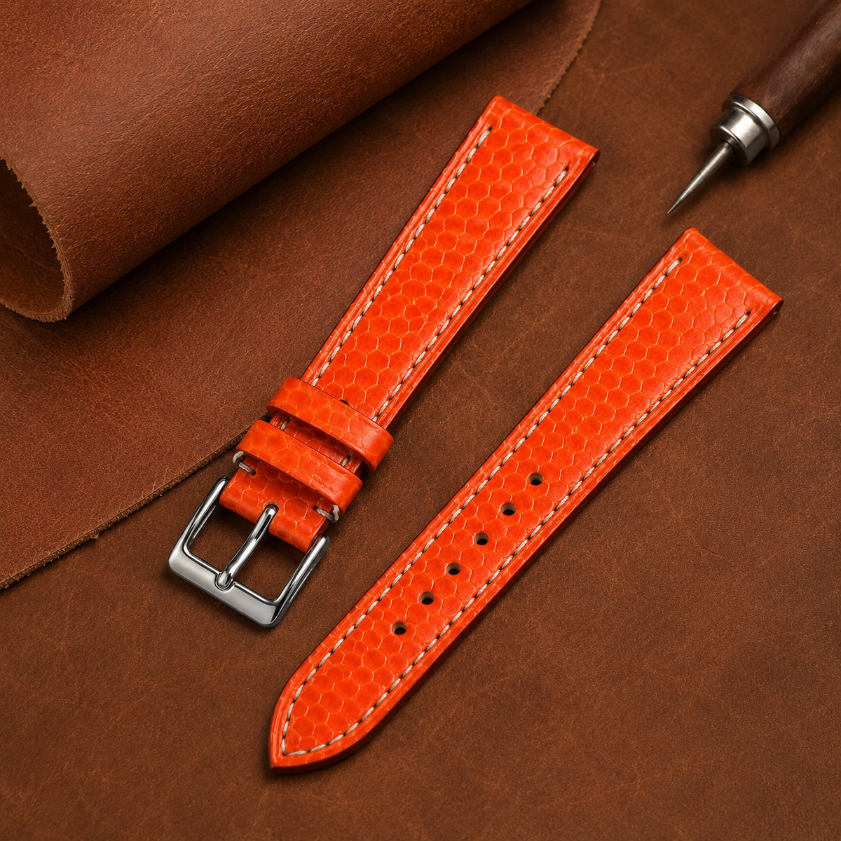 Orange Sea Snake Leather Watch Strap - Handmade