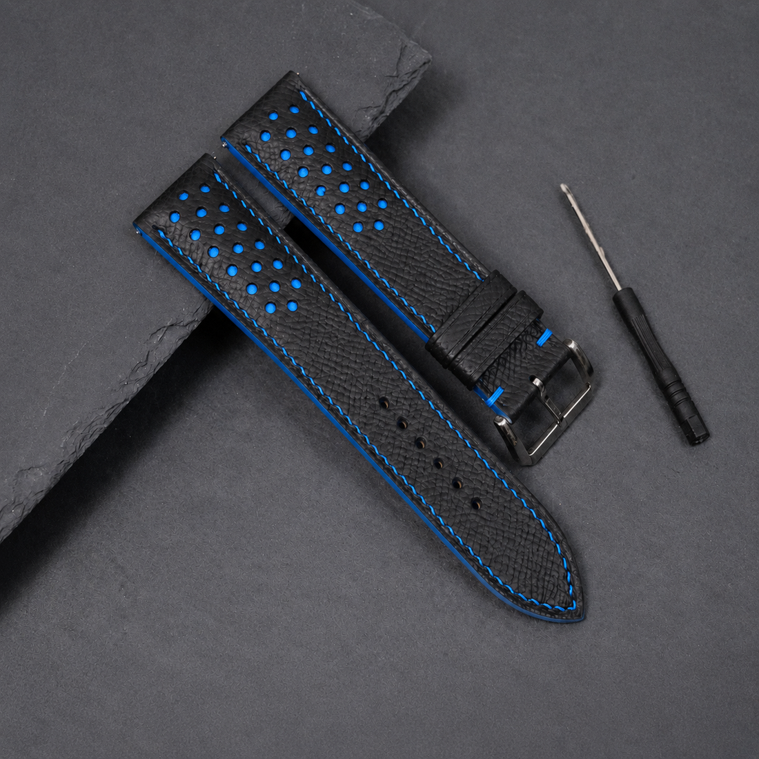 Black Blue Racing Epsom Leather Watch Strap - Handmade