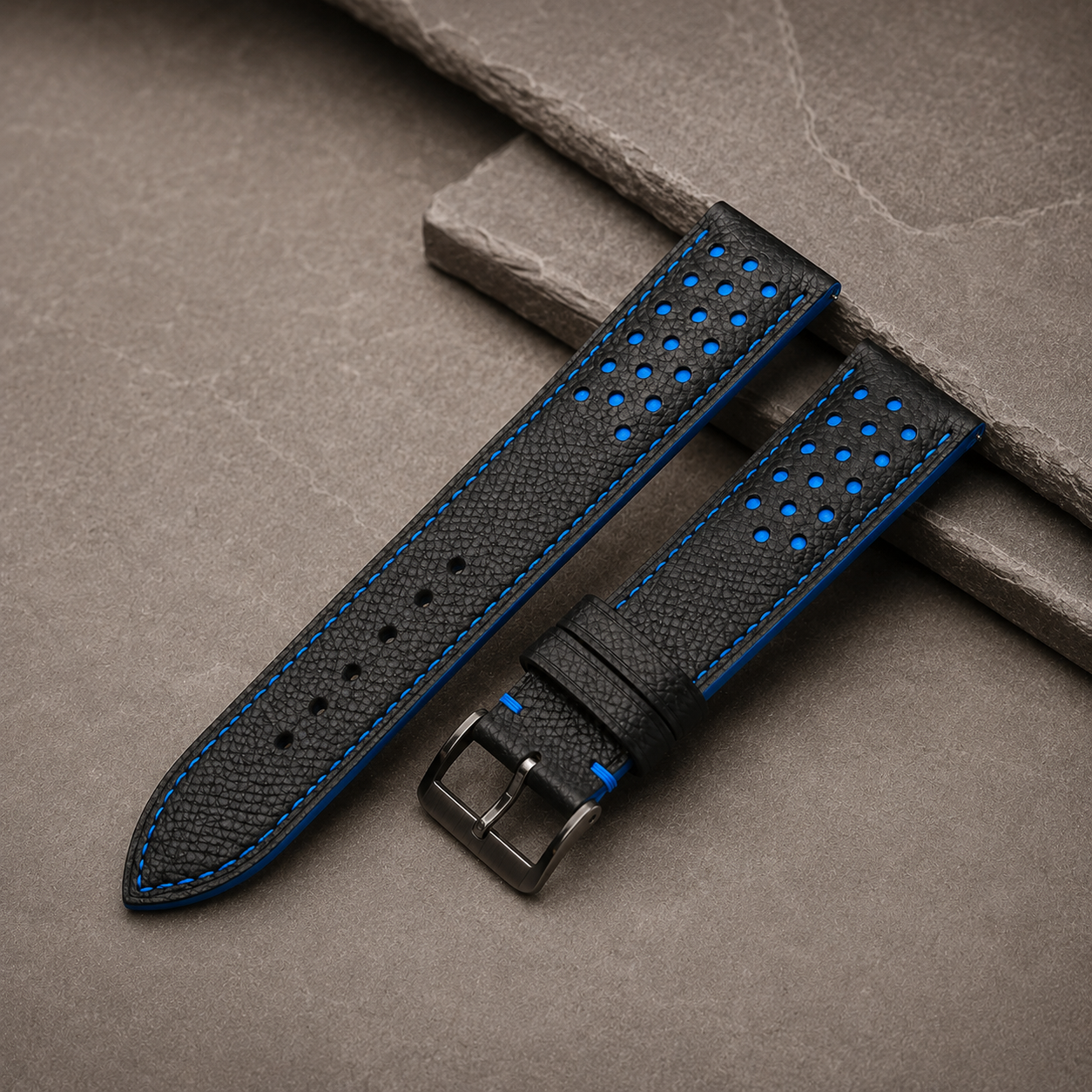 Black Blue Racing Epsom Leather Watch Strap - Handmade Quick Release Band