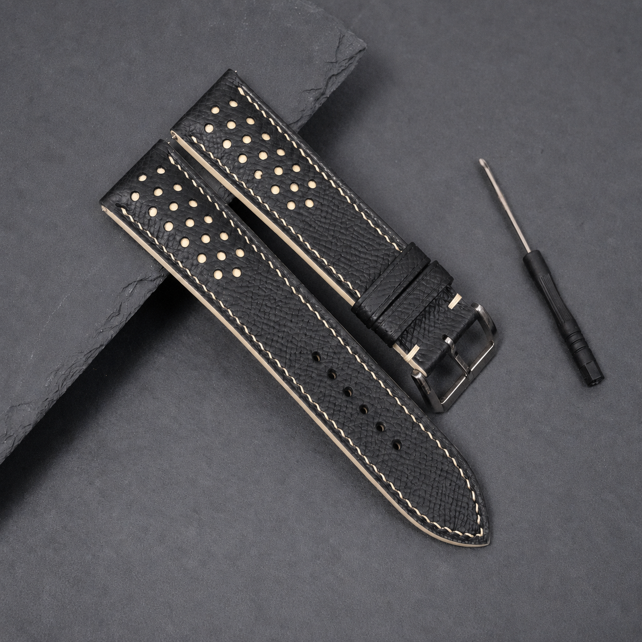 Black Cream Beige Racing Epsom Leather Watch Strap - Handmade Quick Release Band