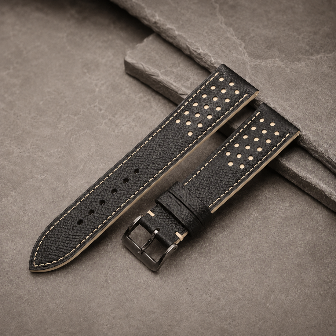 Black Cream Beige Racing Epsom Leather Watch Strap - Handmade