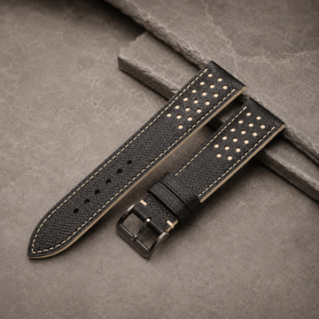 Black Cream Beige Racing Epsom Leather Watch Strap - Handmade Quick Release Band