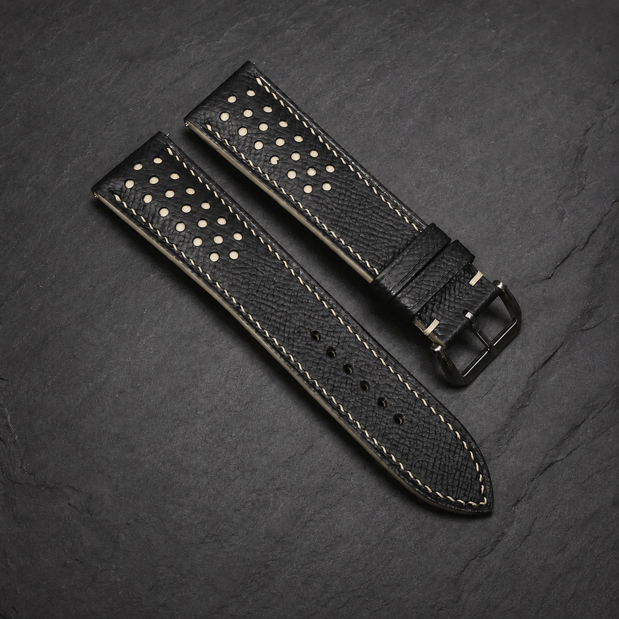 Black Cream Beige Racing Epsom Leather Watch Strap - Handmade Quick Release Band