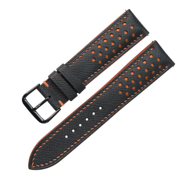 Black Orange Racing Epsom Leather Watch Strap - Handmade Quick Release Band