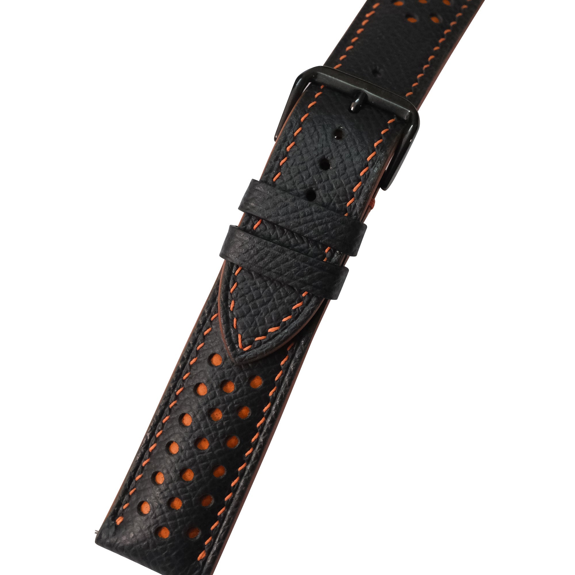 Black Orange Racing Epsom Leather Watch Strap - Handmade Quick Release Band