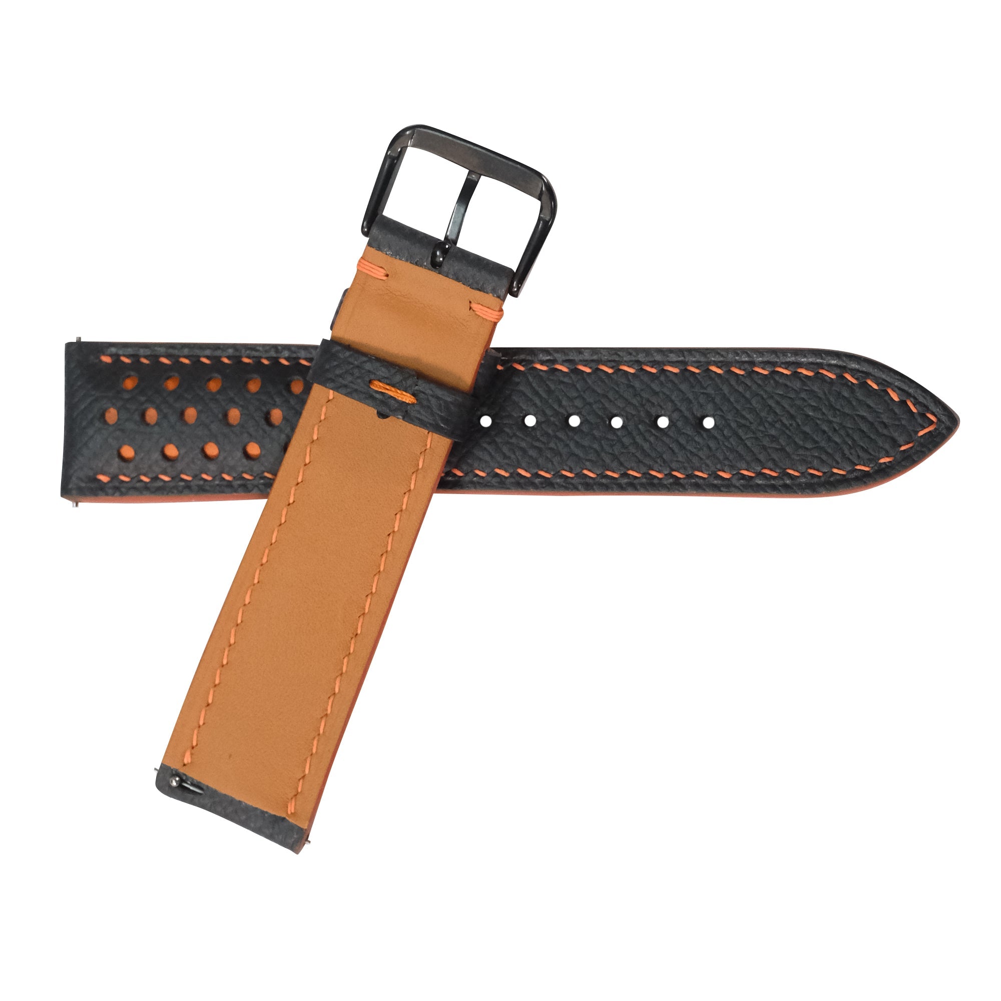 Black Orange Racing Epsom Leather Watch Strap - Handmade Quick Release Band