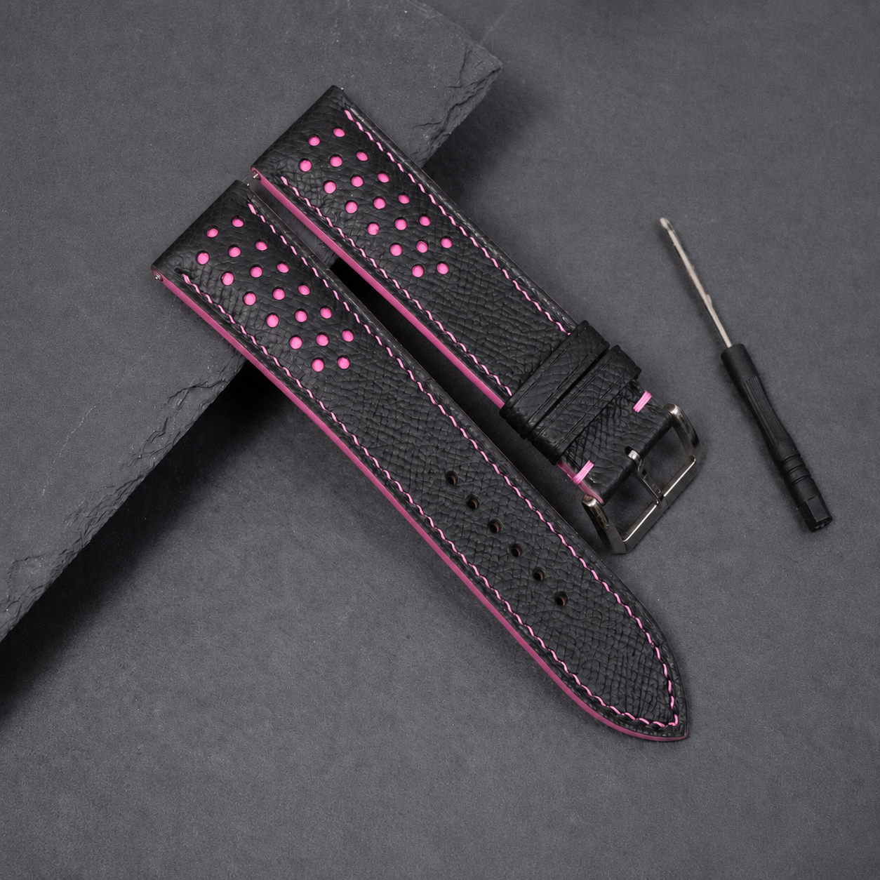 Black Pink Racing Epsom Leather Watch Strap - Handmade Quick Release Band
