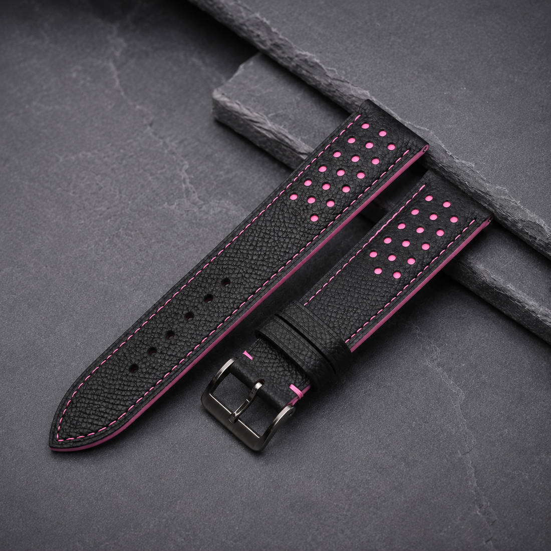 Black Pink Racing Epsom Leather Watch Strap - Handmade