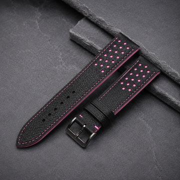 Black Pink Racing Epsom Leather Watch Strap - Handmade Quick Release Band