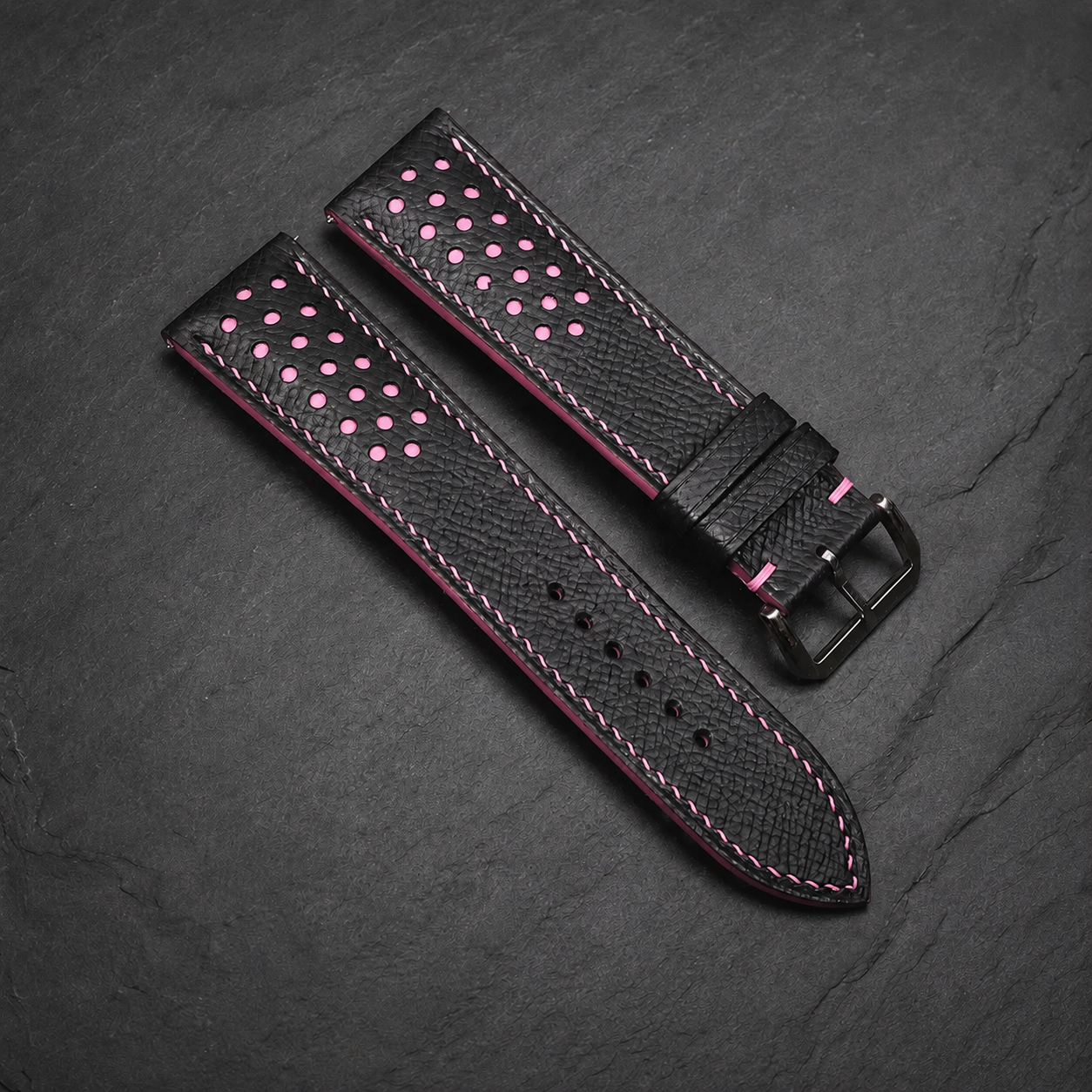 Black Pink Racing Epsom Leather Watch Strap - Handmade Quick Release Band