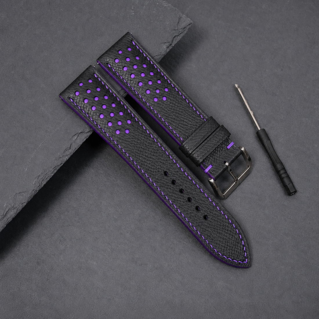 Black Purple Racing Epsom Leather Watch Strap - Handmade