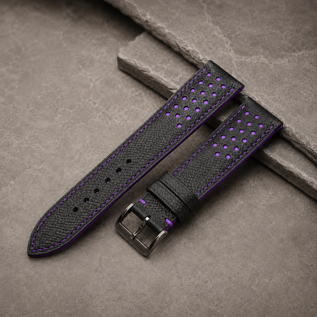 Black Purple Racing Epsom Leather Watch Strap - Handmade Quick Release Band