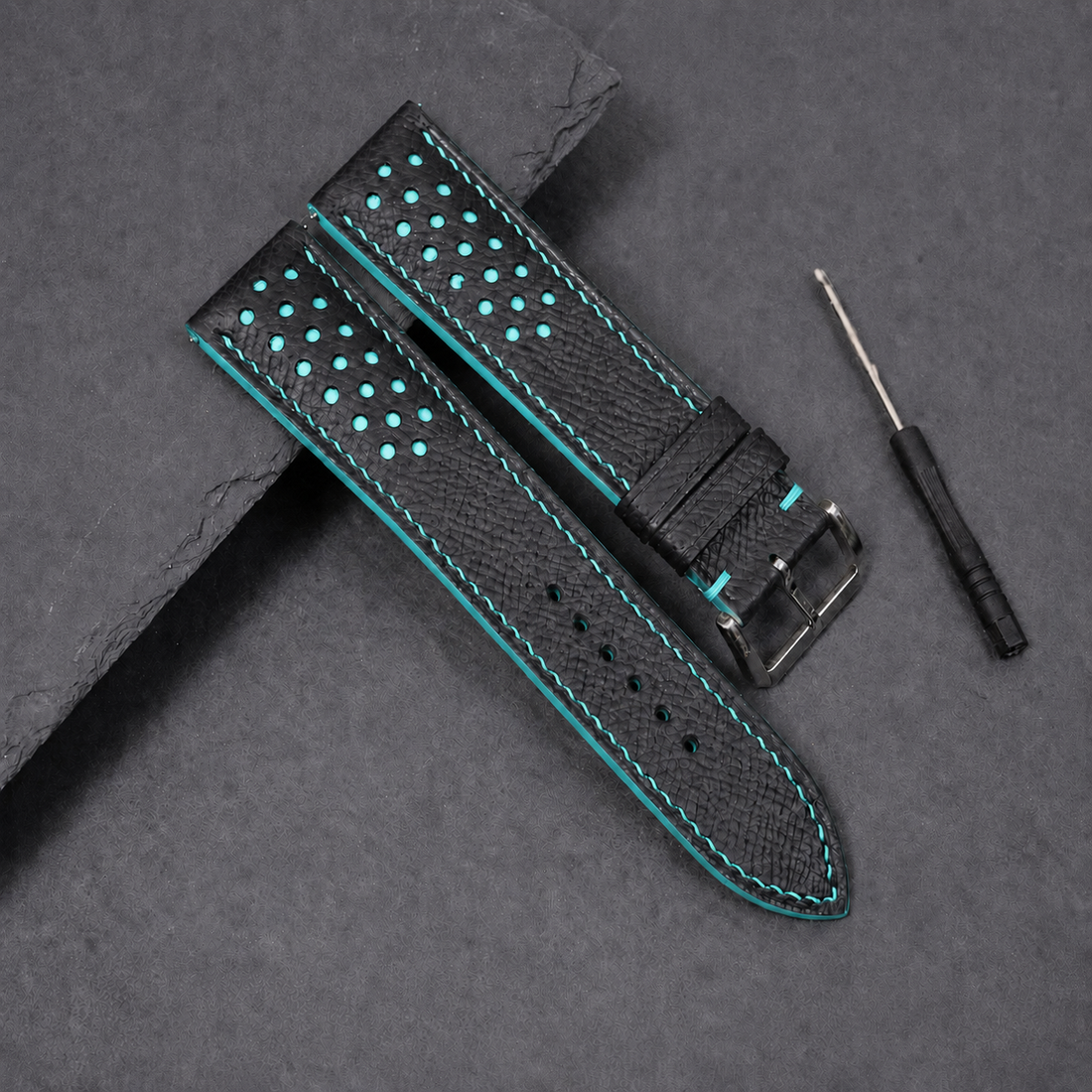 Handmade Black Turquoise Racing Epsom Leather Watch Strap