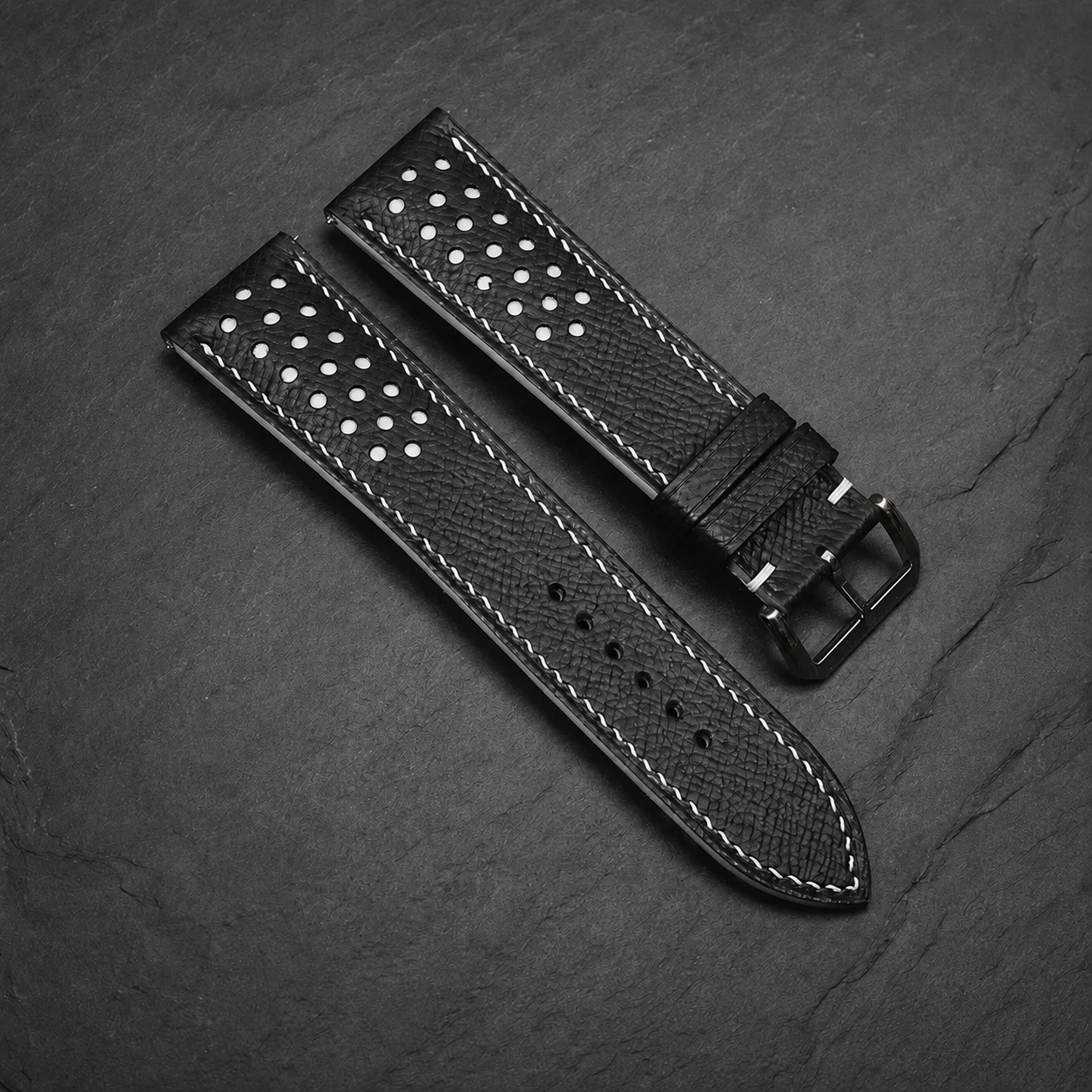 Black White Racing Epsom Leather Watch Strap - Handmade Quick Release Band
