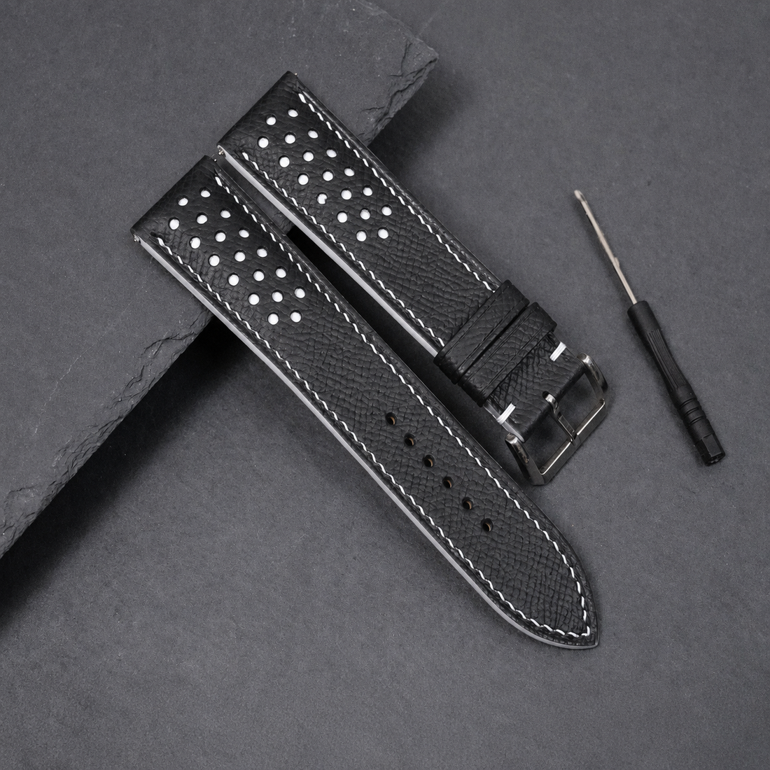 Black White Racing Epsom Leather Watch Strap - Handmade