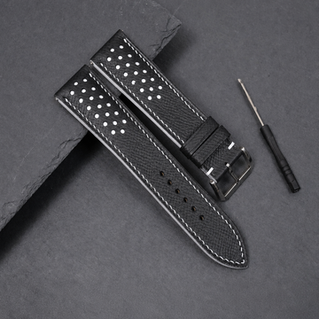 Black White Racing Epsom Leather Watch Strap - Handmade Quick Release Band