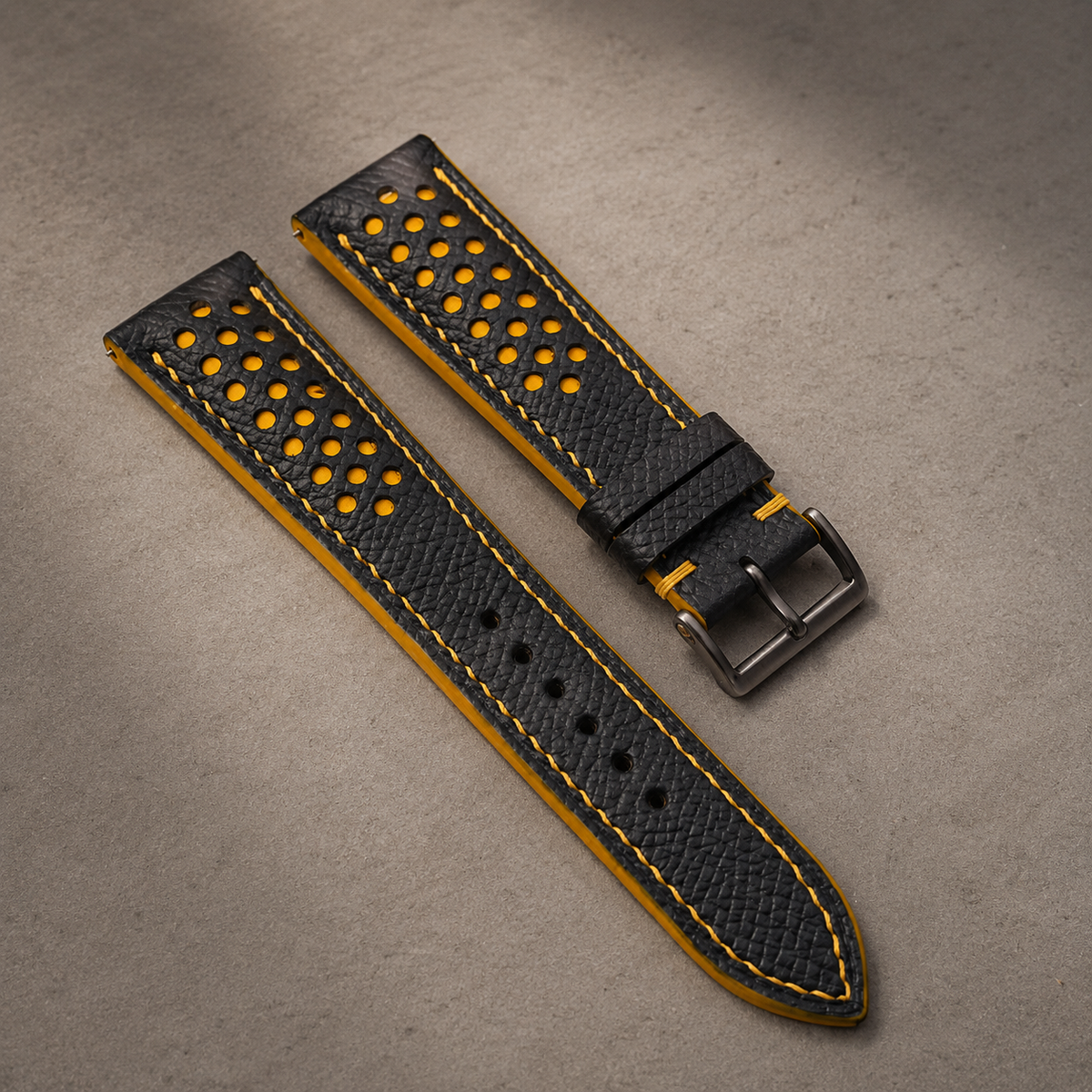 Black Yellow Racing Epsom Leather Watch Strap - Handmade