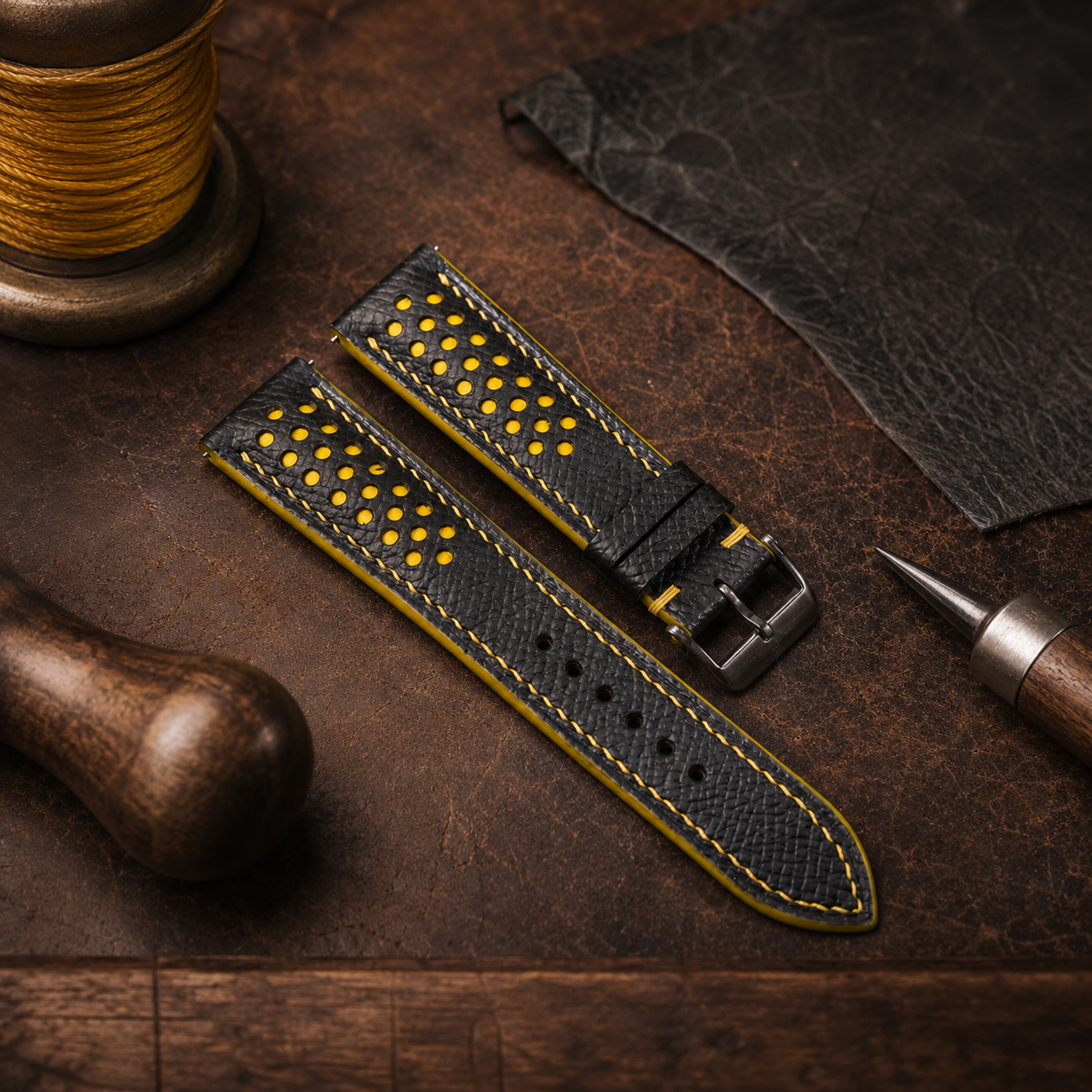 Black Yellow Racing Epsom Leather Watch Strap - Handmade Quick Release Band