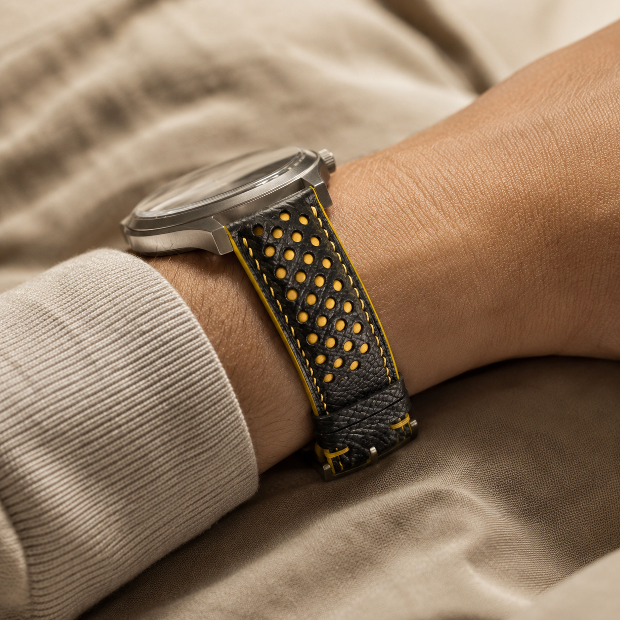 Black Yellow Racing Epsom Leather Watch Strap - Handmade Quick Release Band