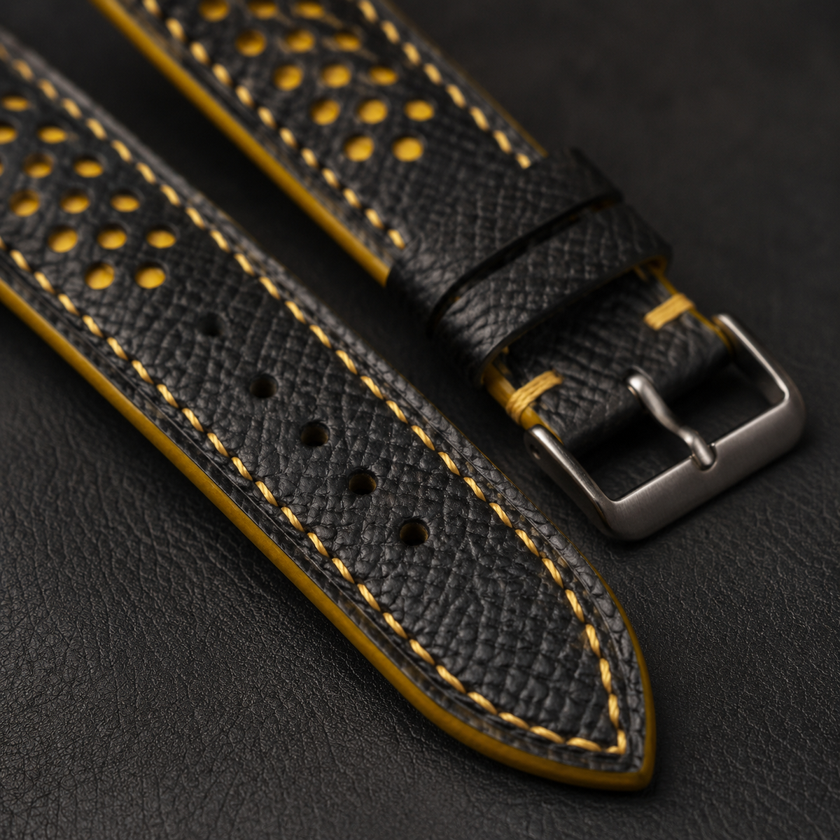 Black Yellow Racing Epsom Leather Watch Strap - Handmade